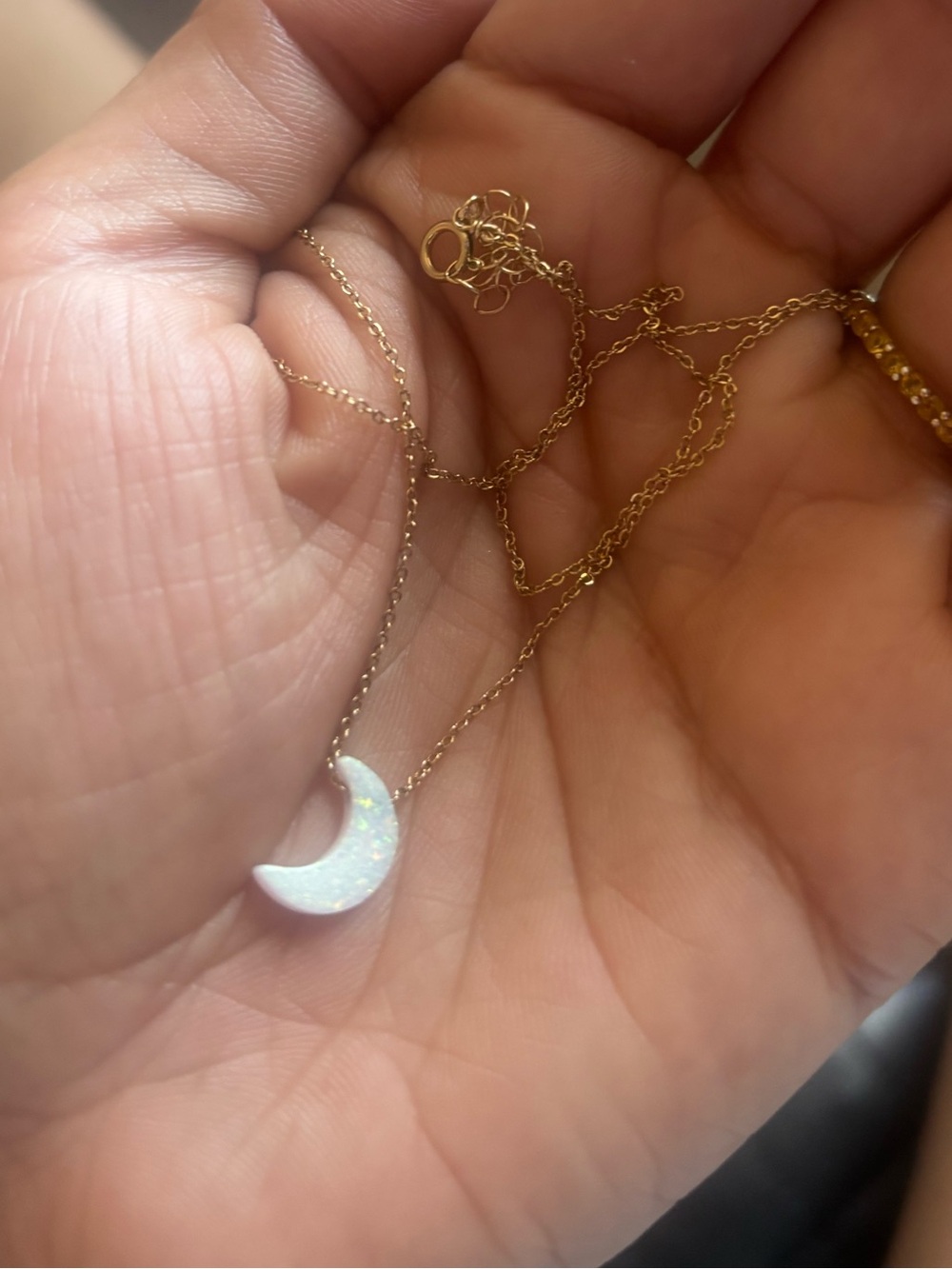 Gold Chain Necklace with White Opal Crescent Pendant